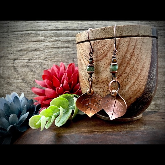 Copper leaf Czech glass bead dangle earrings - Picture 2 of 6